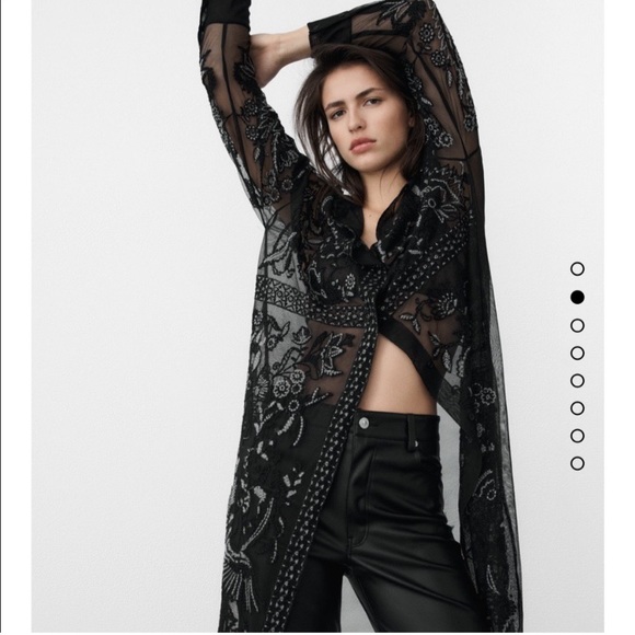 🖤 ZARA BOHO MESH EMBROIDERED CROCHET COLLARED SHEER MAXI DRESS/COVERUP! - Picture 14 of 16